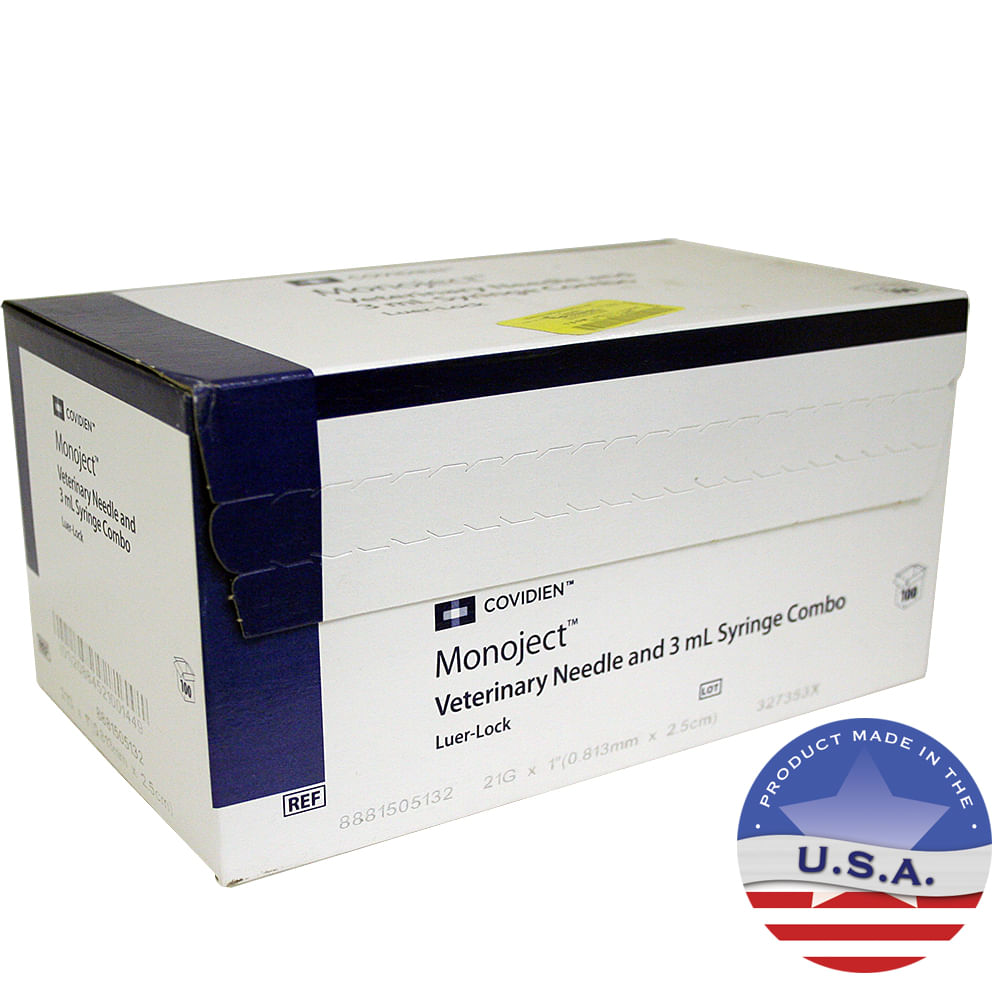 Monoject Syringes with Needles, 3 cc LL with 21G x 1", 100 ct