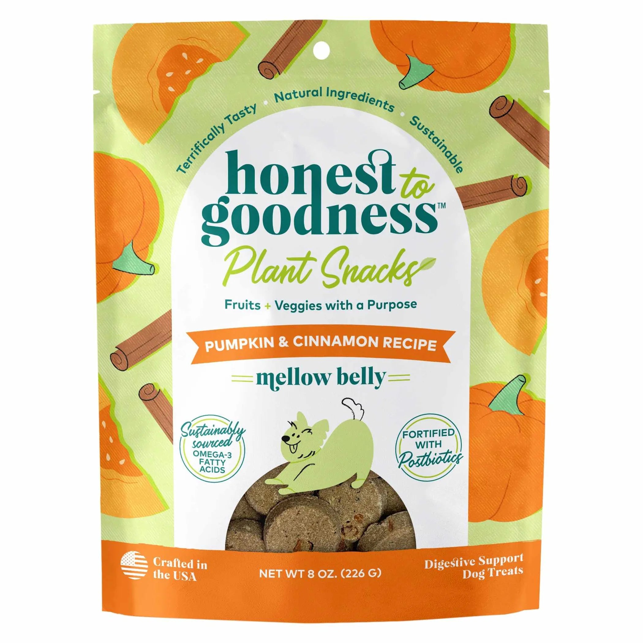Honest To Goodness™ Mellow Belly Pumpkin & Cinnamon Dog Treats – Plant-Based Digestive Support, 8 oz.