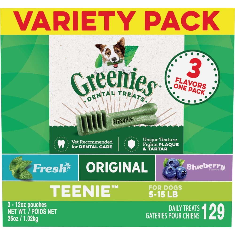 Greenies 3-Flavor Variety Pack Teenie Dog Dental Chews 36 Ounces 129 Treats