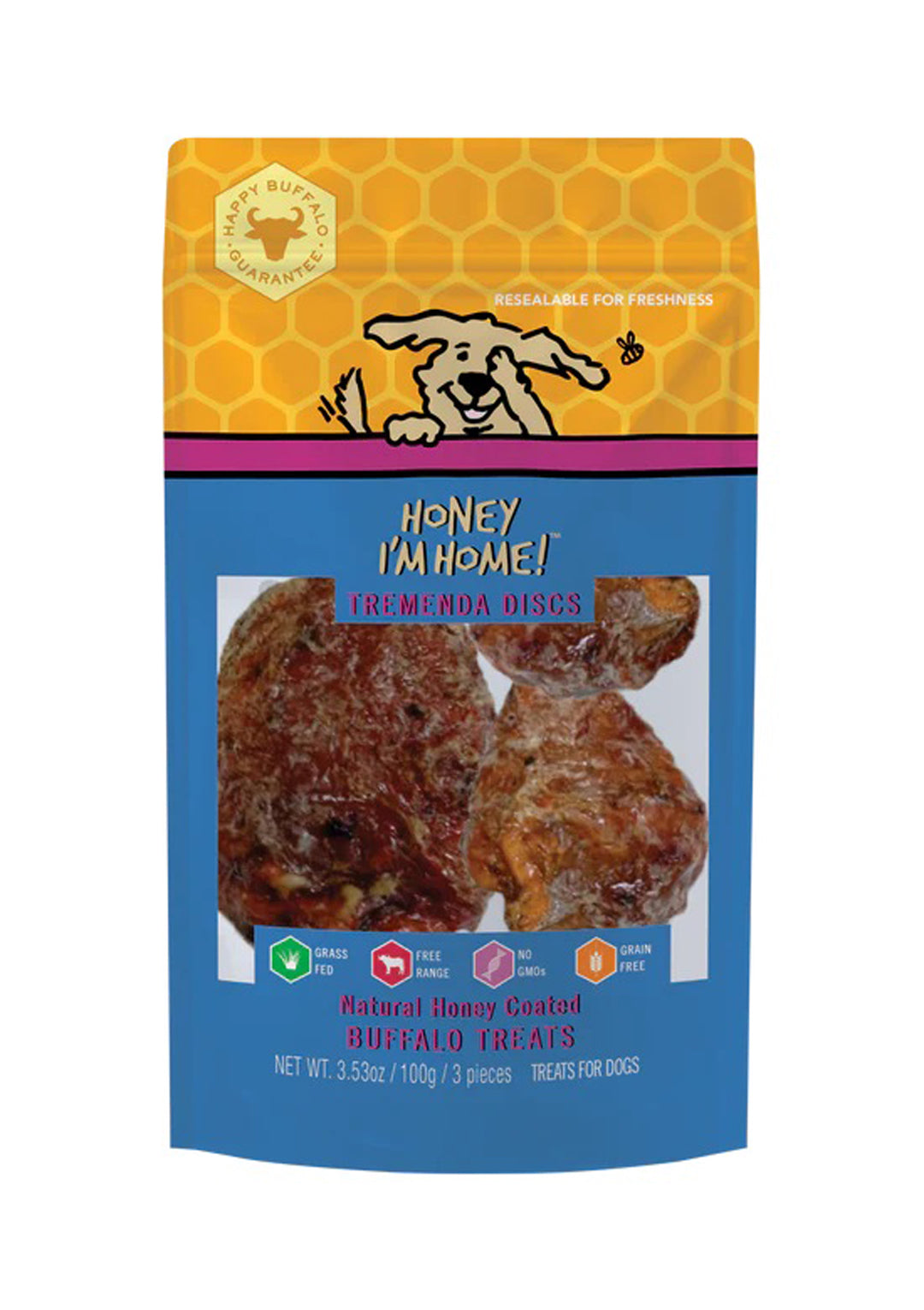 Honey I'm Home Dog Natural Honey Coated Buffalo Treats Tremenda Discs 3 Count