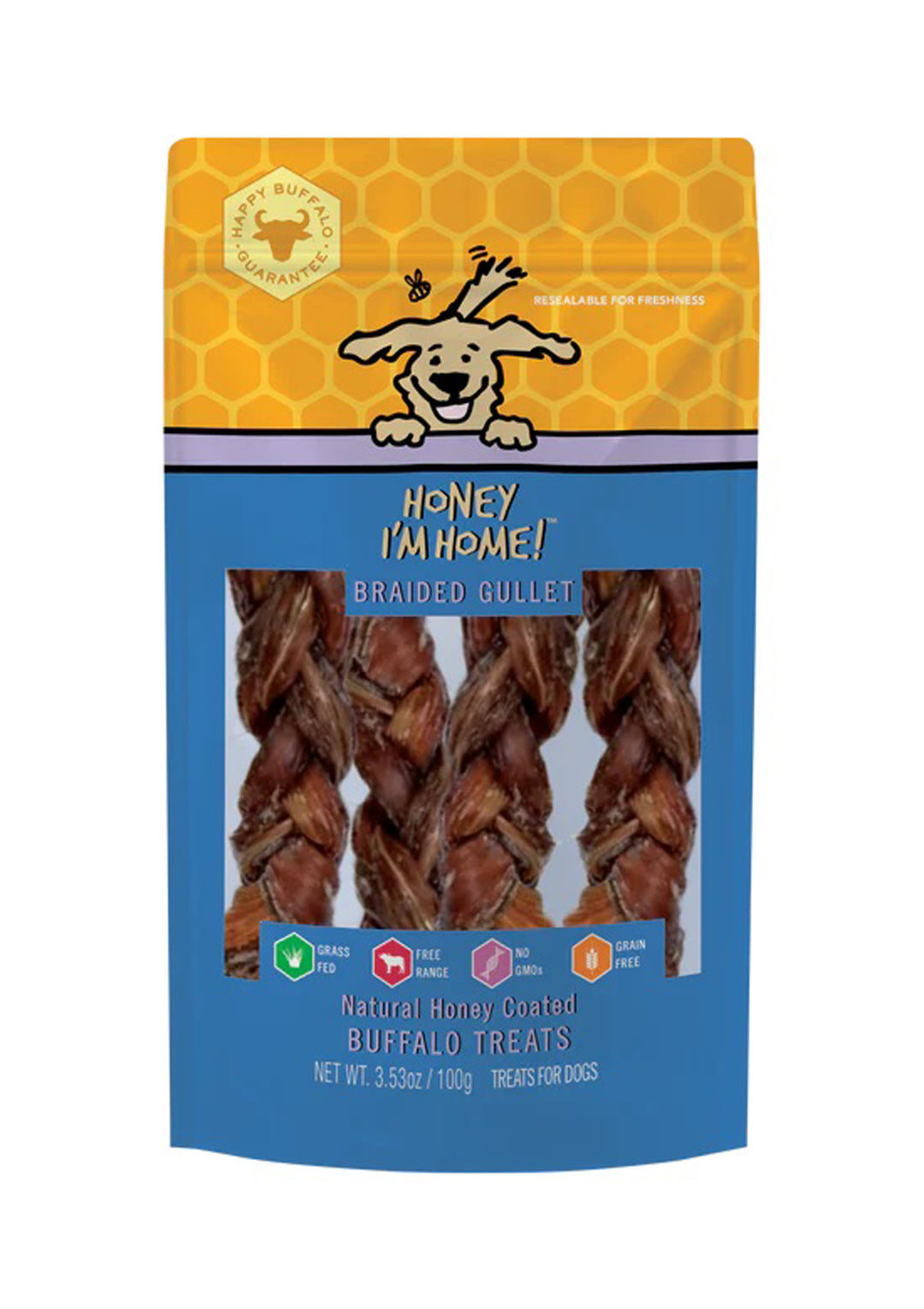 Honey I'm Home Dog Natural Honey Coated Buffalo Treats Braided Gullet 3.53oz.