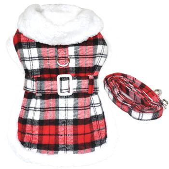 Red, White & Black Plaid Sherpa-Lined Dog Coat/Harness & Leash Set