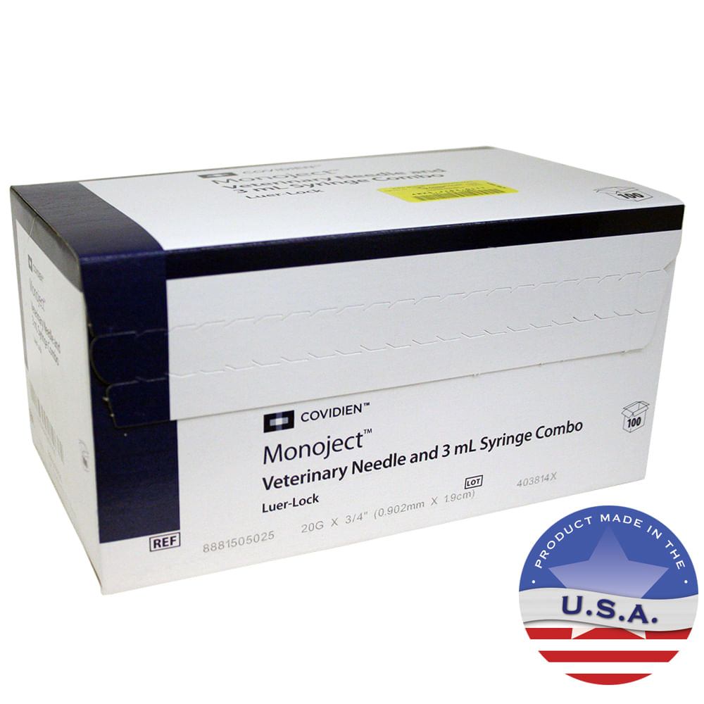 Monoject Syringes with Needles  3 cc LL with 20g x 3/4, 100ct