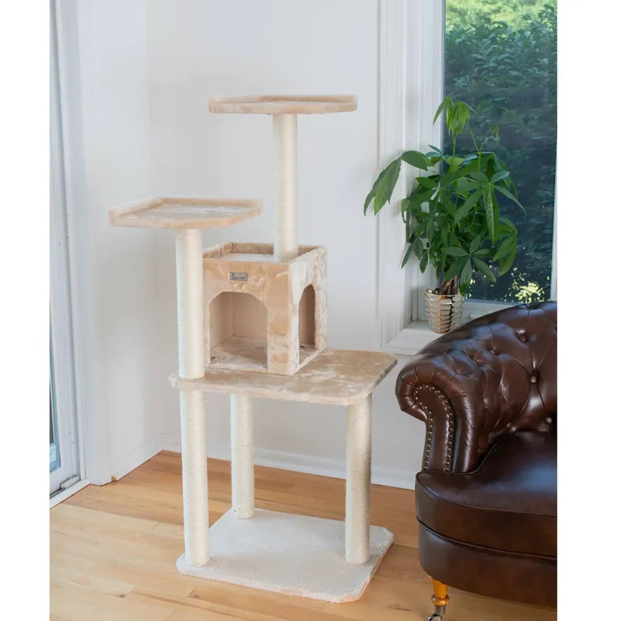 GleePet 57-Inch Height Cat Tree Two-Door Real Wood Condo Beige