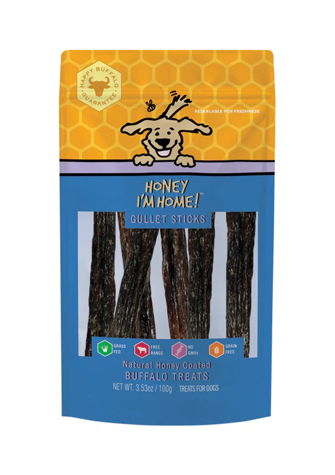 Honey I'm Home Dog Natural Honey Coated Buffalo Treats Gullet Sticks 3.53oz.