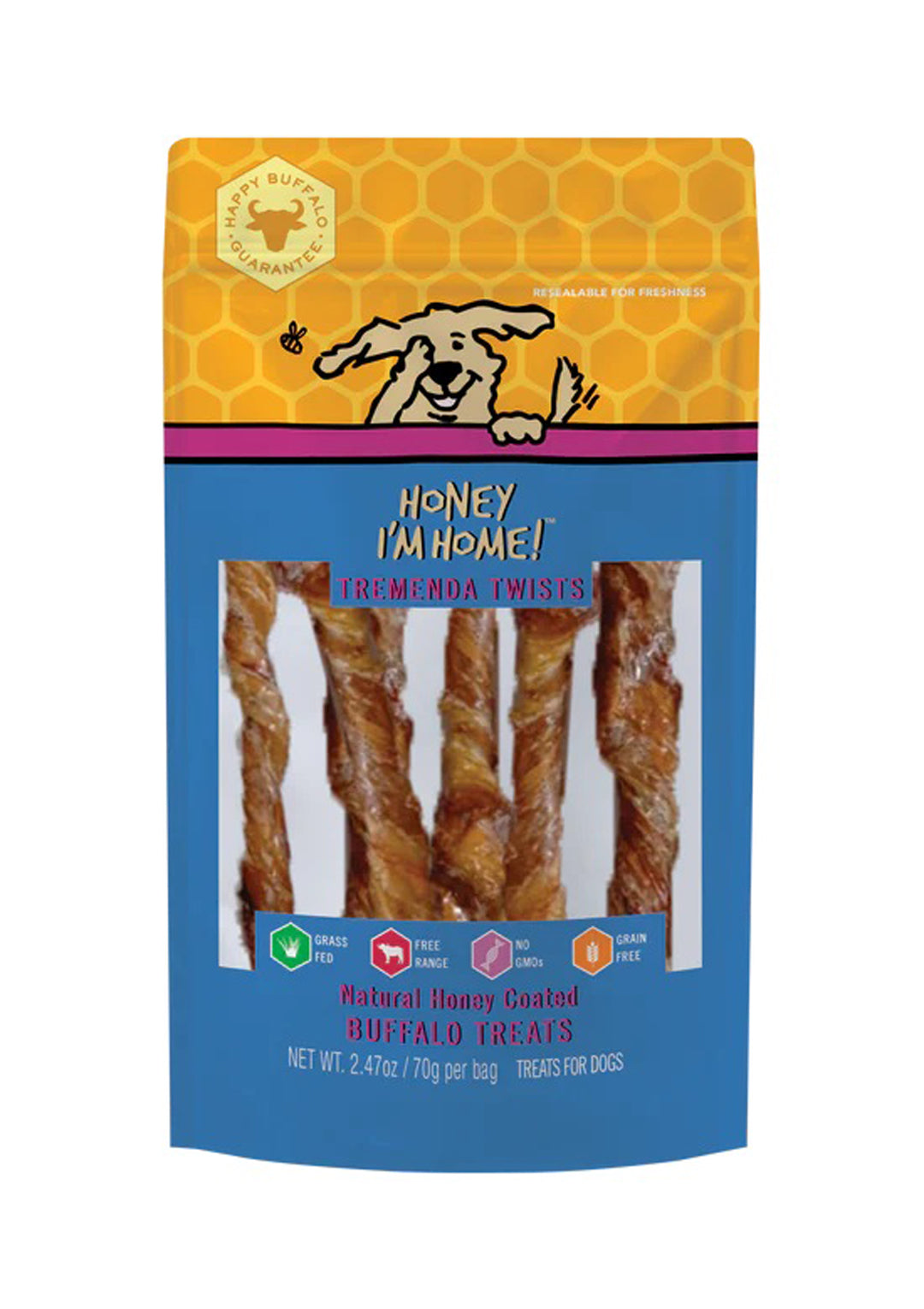 Honey I'm Home Dog Natural Honey Coated Buffalo Treats Tremenda Twists 2.47oz.