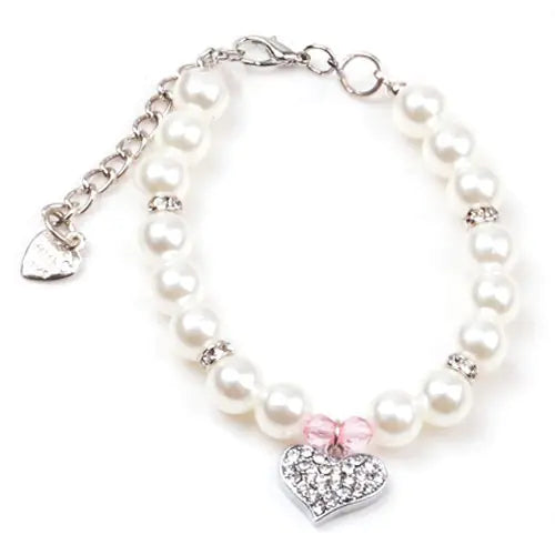 Bling Crystal Heart Dog Necklace W/Pearls-Rhinestones Charm, XS