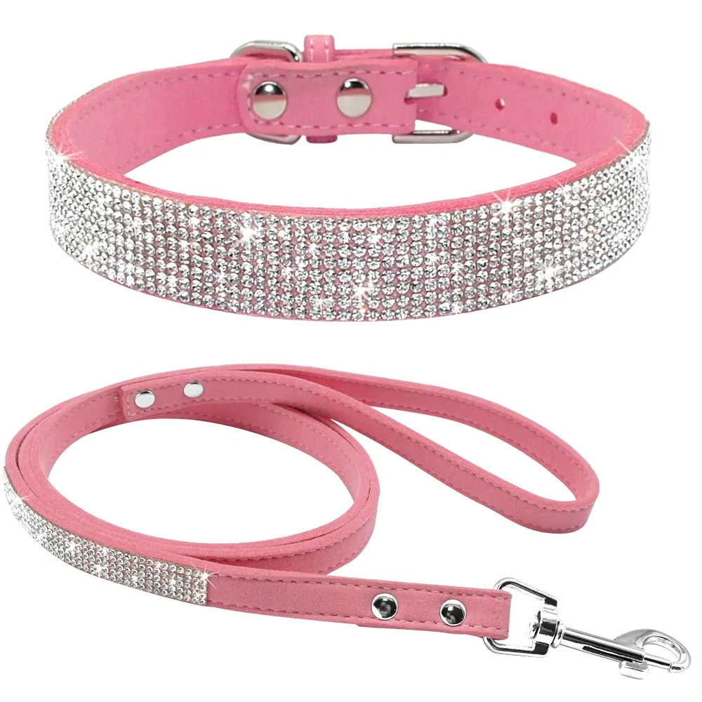 Bling Leather Dog Collar Leash Set