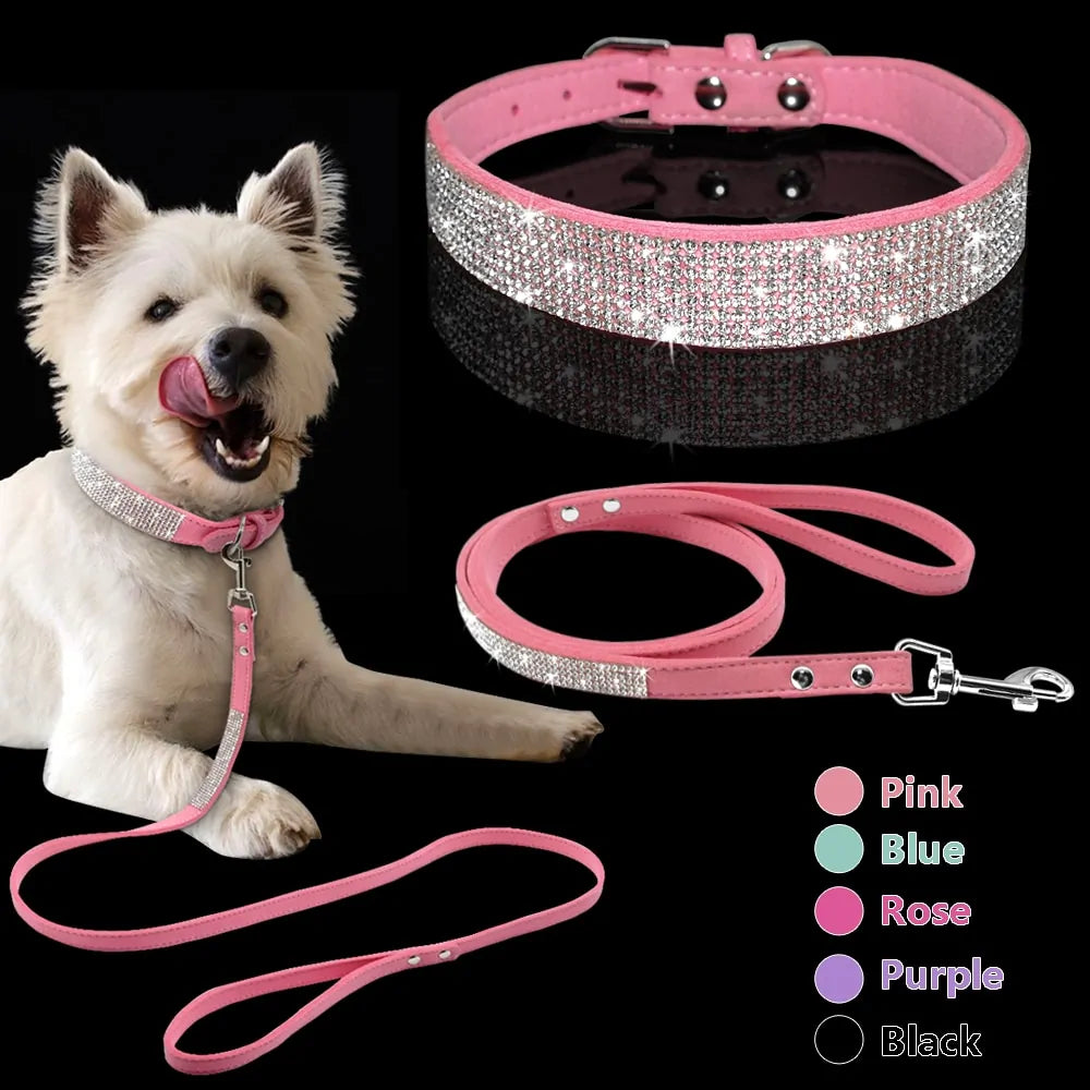 Bling Leather Dog Collar Leash Set