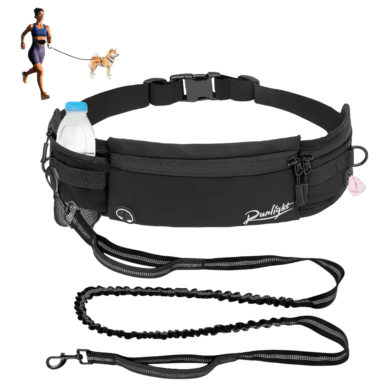 Hands-Free Bungee Dog Leash W/Waist Fanny Pack & Water Bottle Holder