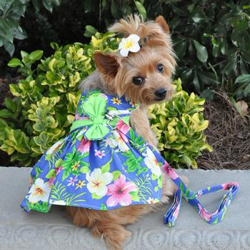 Blue Lagoon Hawaiian Hibiscus Dog Dress & Matching Leash