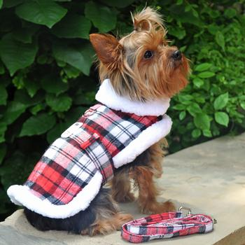Red, White & Black Plaid Sherpa-Lined Dog Coat/Harness & Leash Set