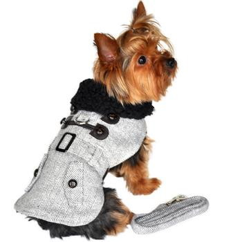 Grey Herringbone Designer Harness Coat & Leash