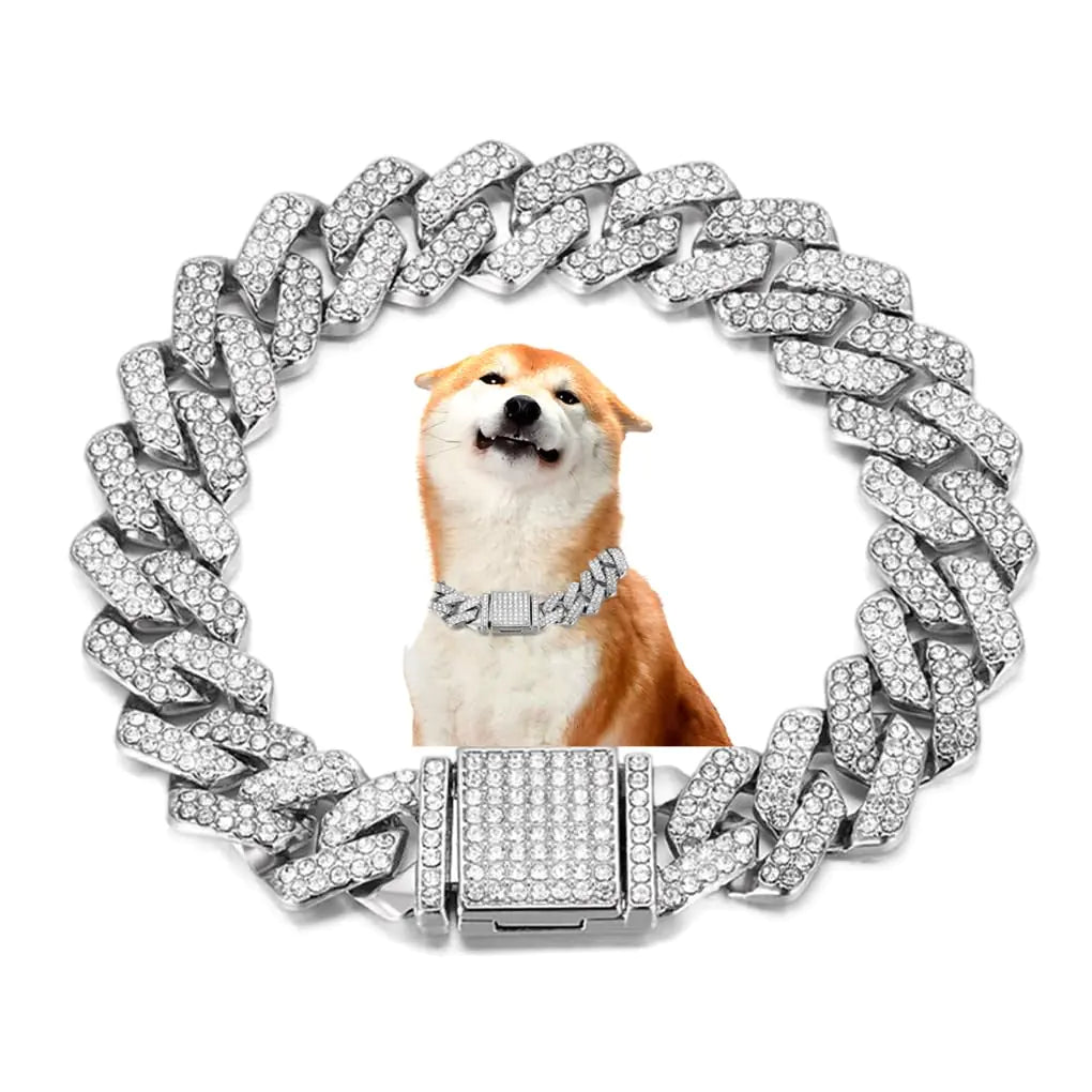 Silver Dog Necklace/Collar W/Rhinestones, 16"