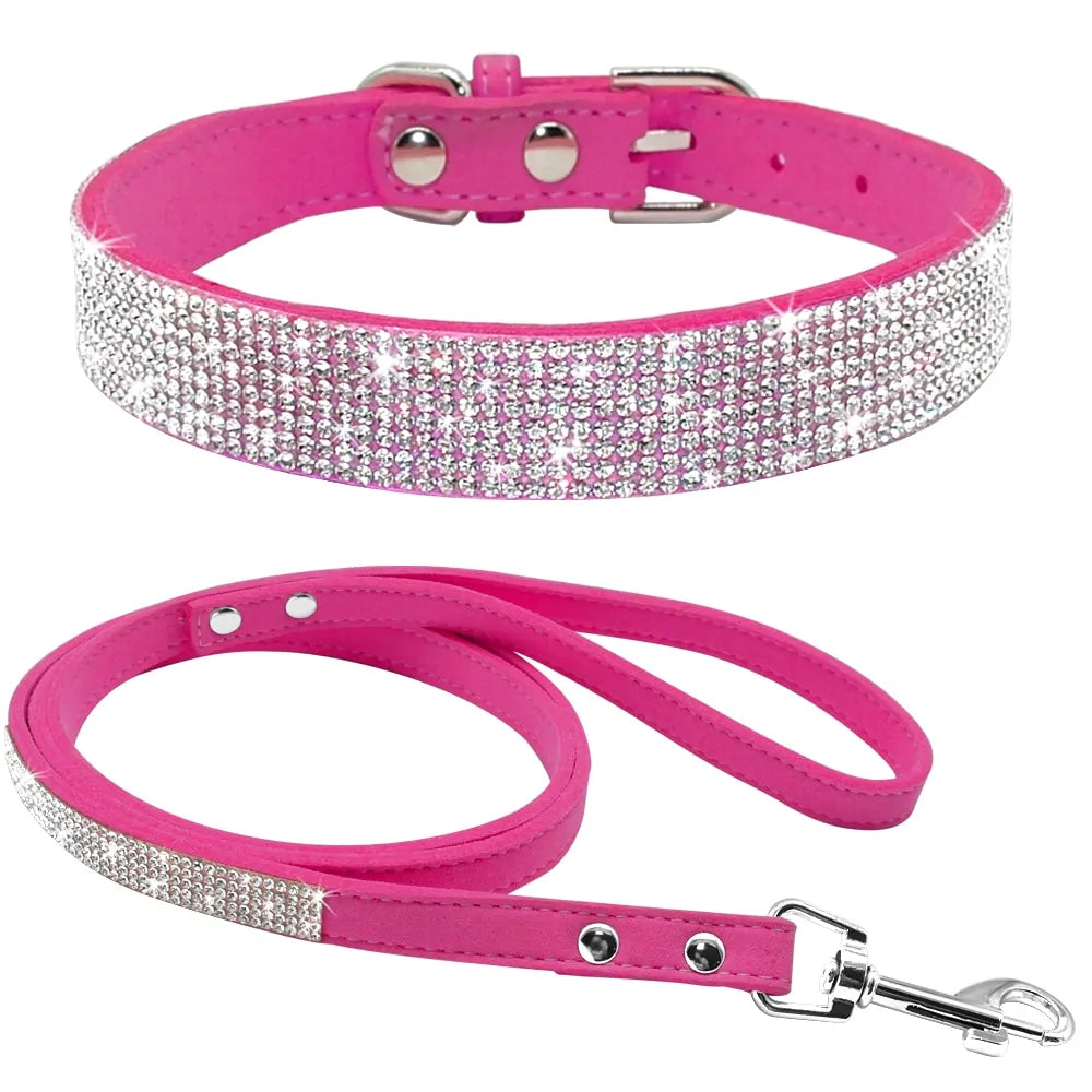 Bling Leather Dog Collar Leash Set