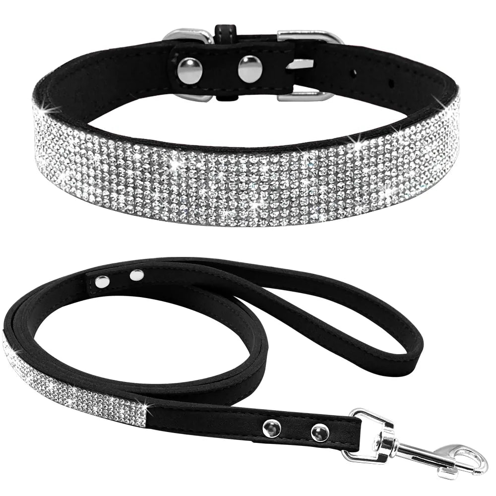 Bling Leather Dog Collar Leash Set