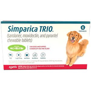 Rx Simparica Trio green 44.1-88lbs x 6 tablets