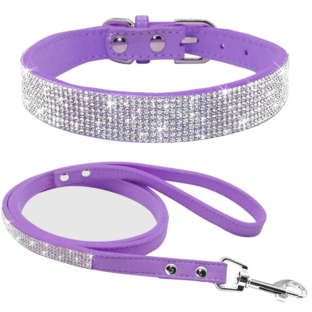 Bling Leather Dog Collar Leash Set