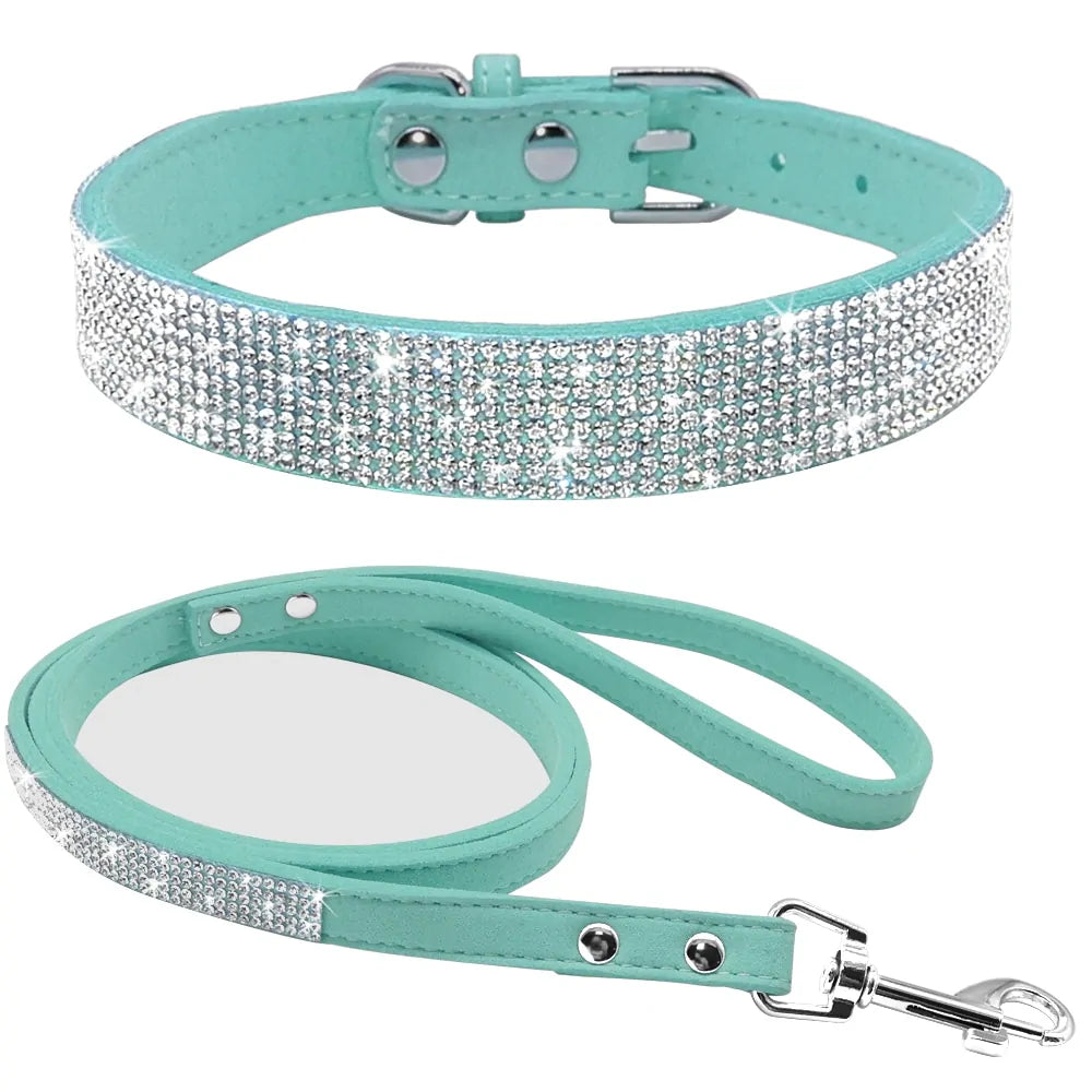 Bling Leather Dog Collar Leash Set
