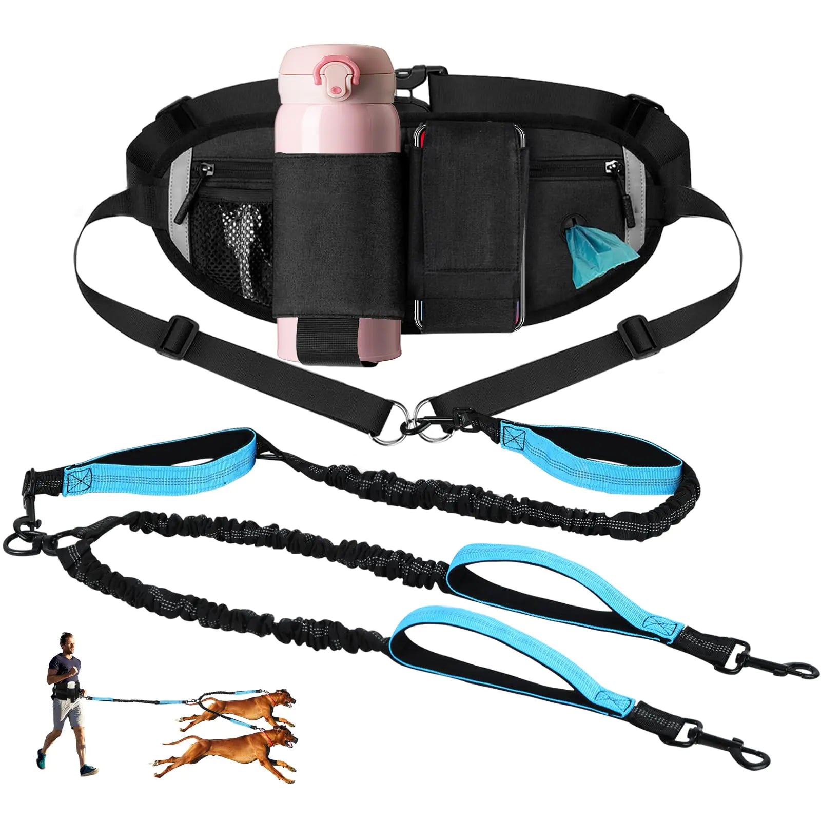 Hands-Free Dog Leash for Two Dogs Adjustable Waist Belt, MD/LG